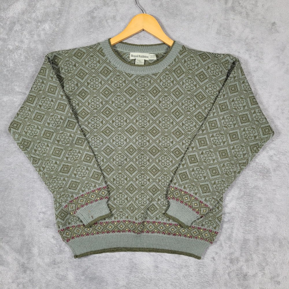 Vintage Royal Robbins Sweater Womens M Green Wool Fair Isle Geometric Pullover